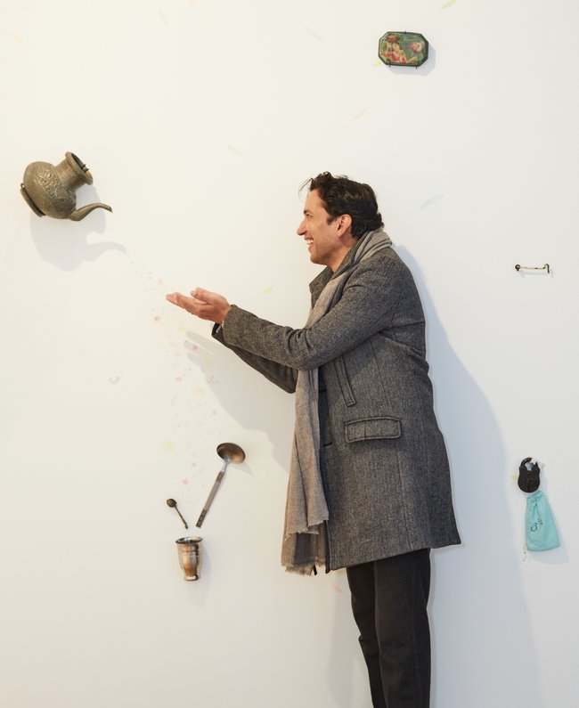 Abdullah MI Syed with a detail from his mixed-media installation *The longest way around is the shortest way home* 2021 from *The National 2021*. Artwork courtesy the artist and Gallery Sally DanCuthbert, Sydney © Abdullah MI Syed